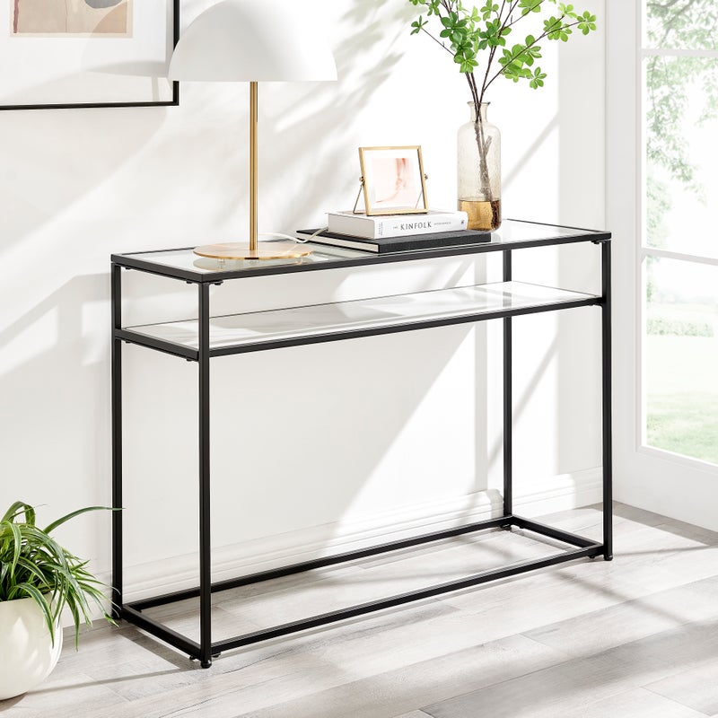 Portside Metal & Marble Shelf Console Hall Table (Black)