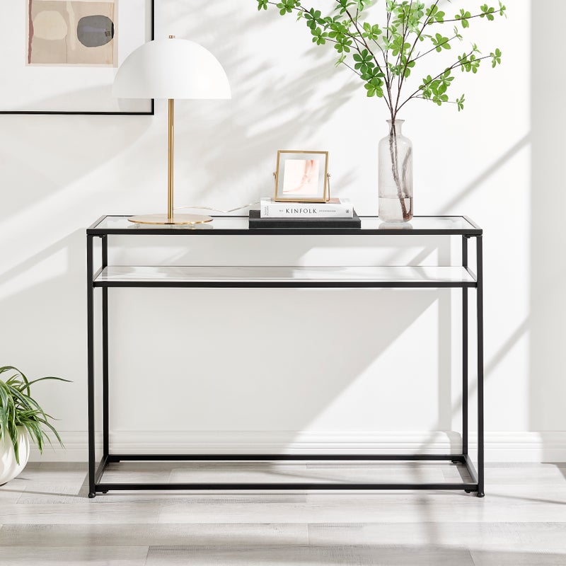 Portside Metal & Marble Shelf Console Hall Table (Black)